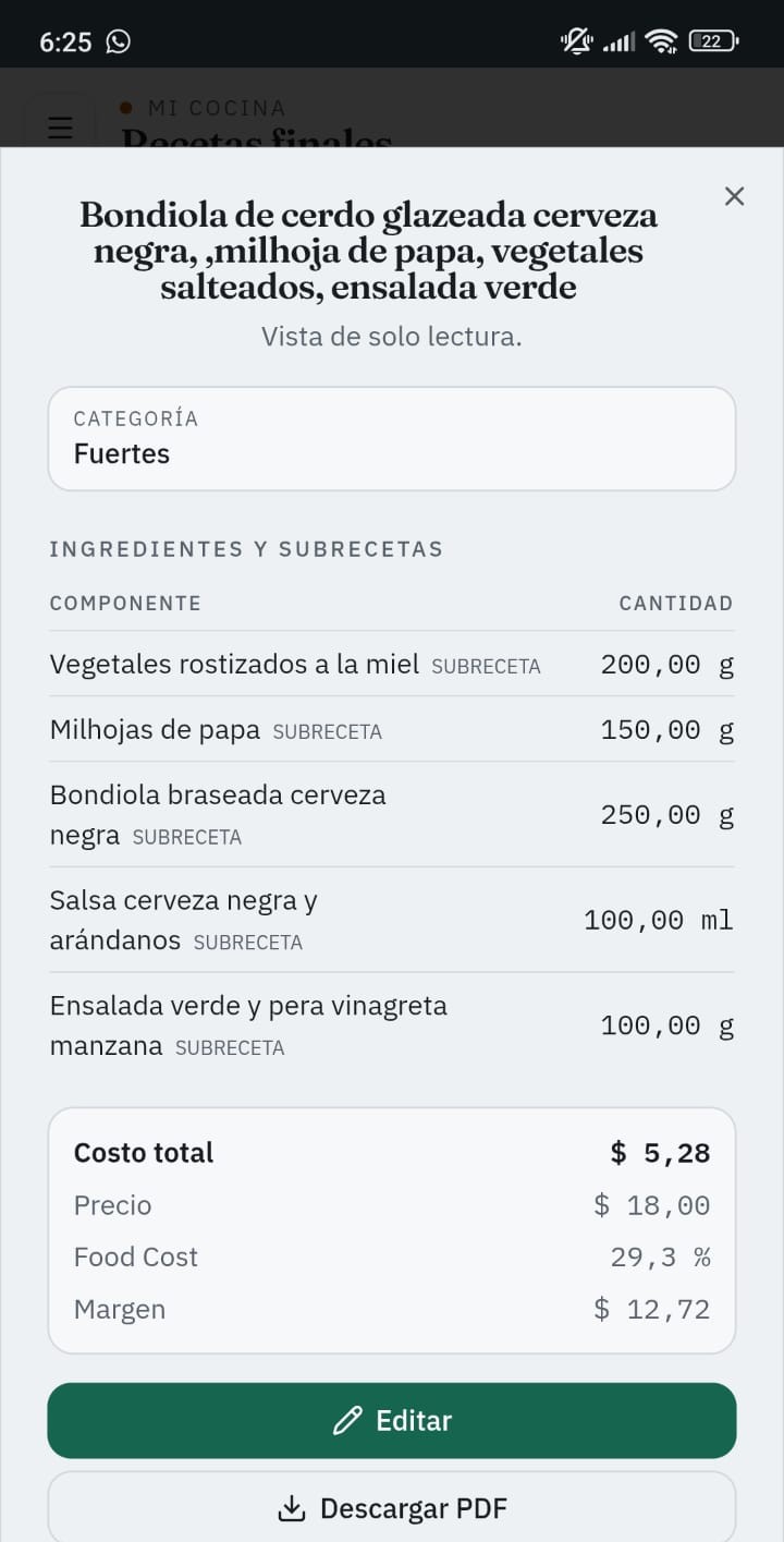 Ficha de receta final con subrecetas, food cost y margen