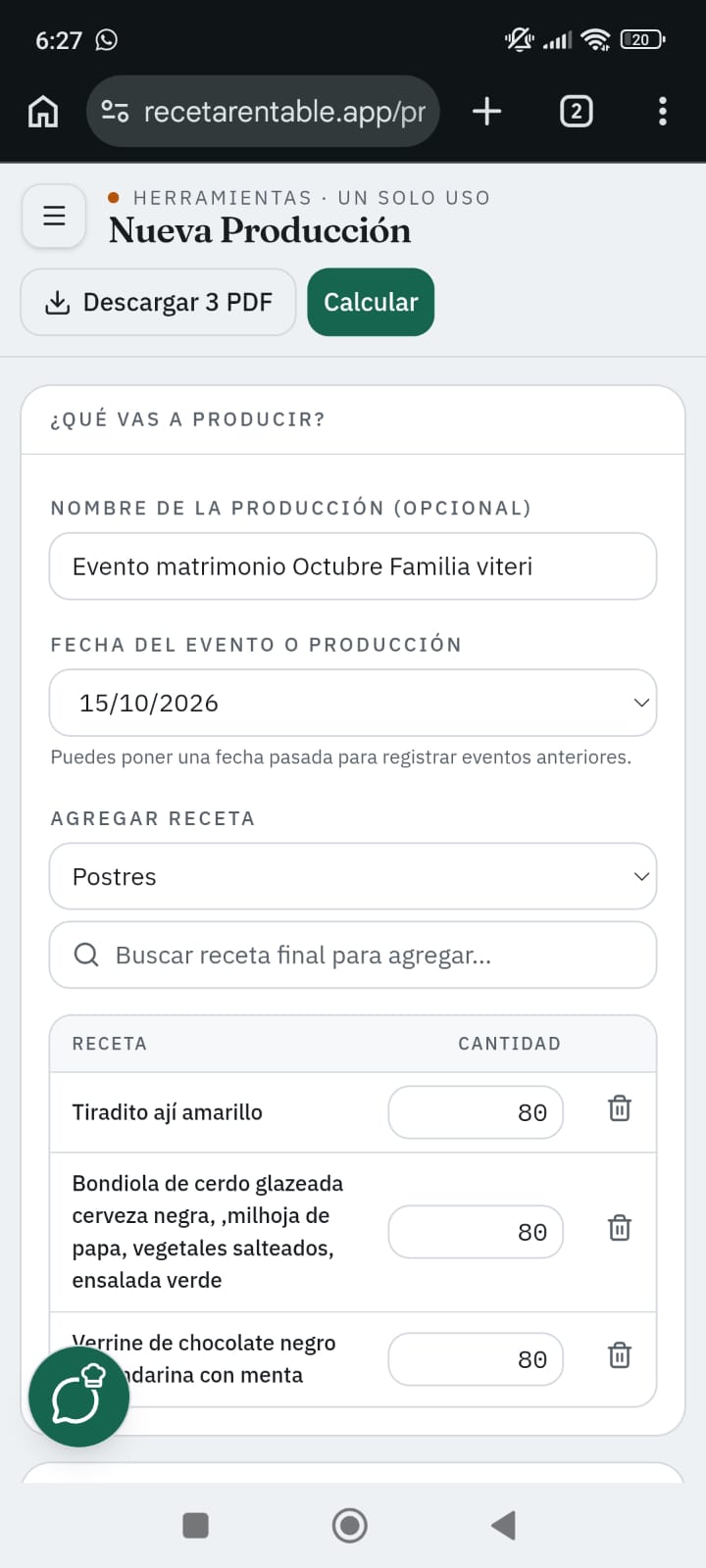 Pantalla de Nueva Producción con un matrimonio de 80 cubiertos y tres platos